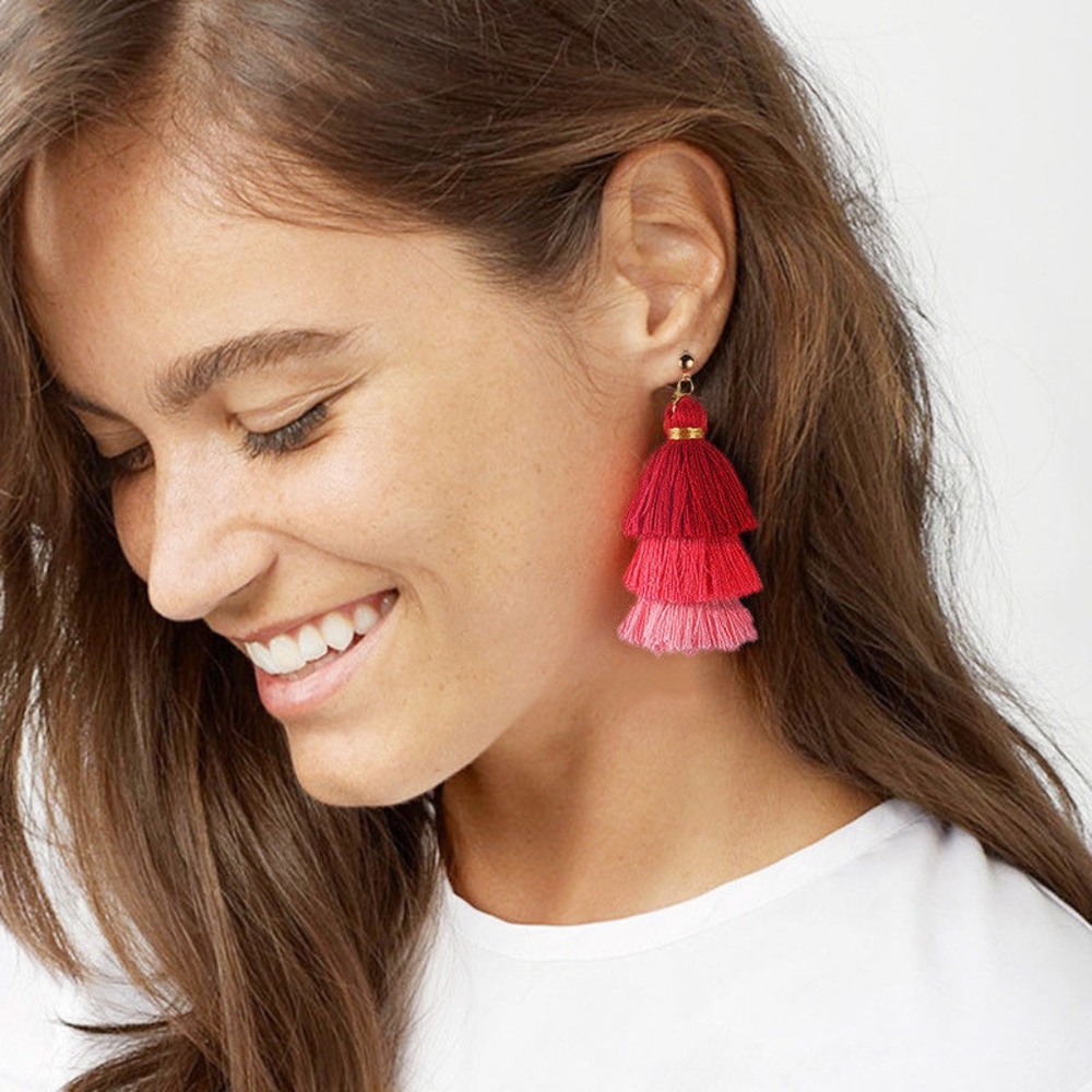 Tassel Tiered Pink Red Stud Earrings